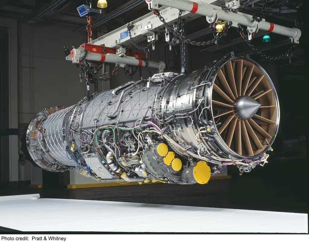 F-135 jet engine created by Pratt & Whitney on a test mount before test fire