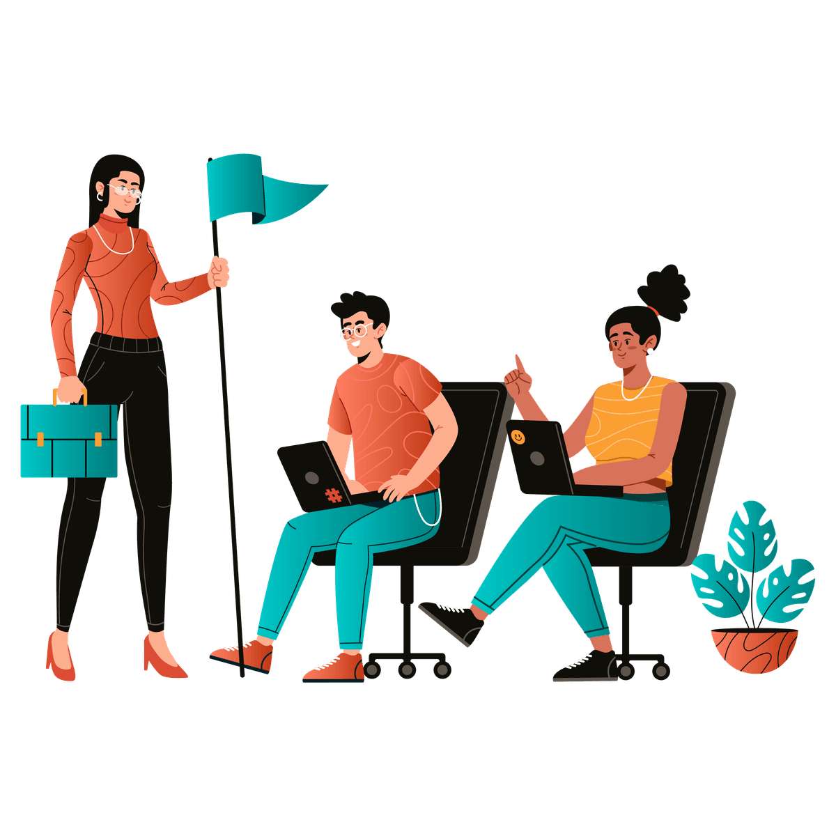 Cartoon illustration a lady holding a flag and a briefcase, and a guy and girl sitting with laptops.