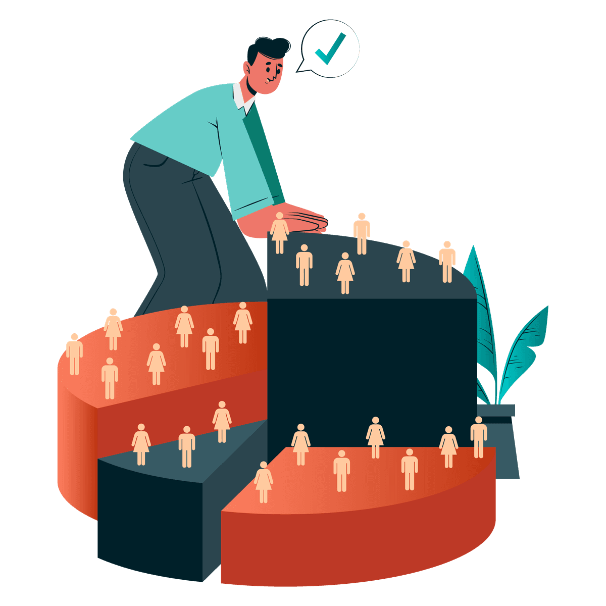 Cartoon illustration of a reviewing a pie chart of company leadership data