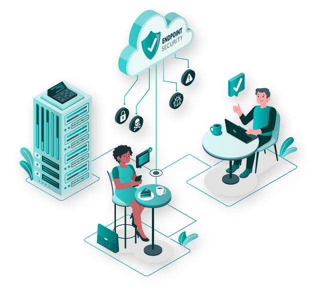 Two cartoon people collaborating on endpoint security with server, mobile phone and laptop